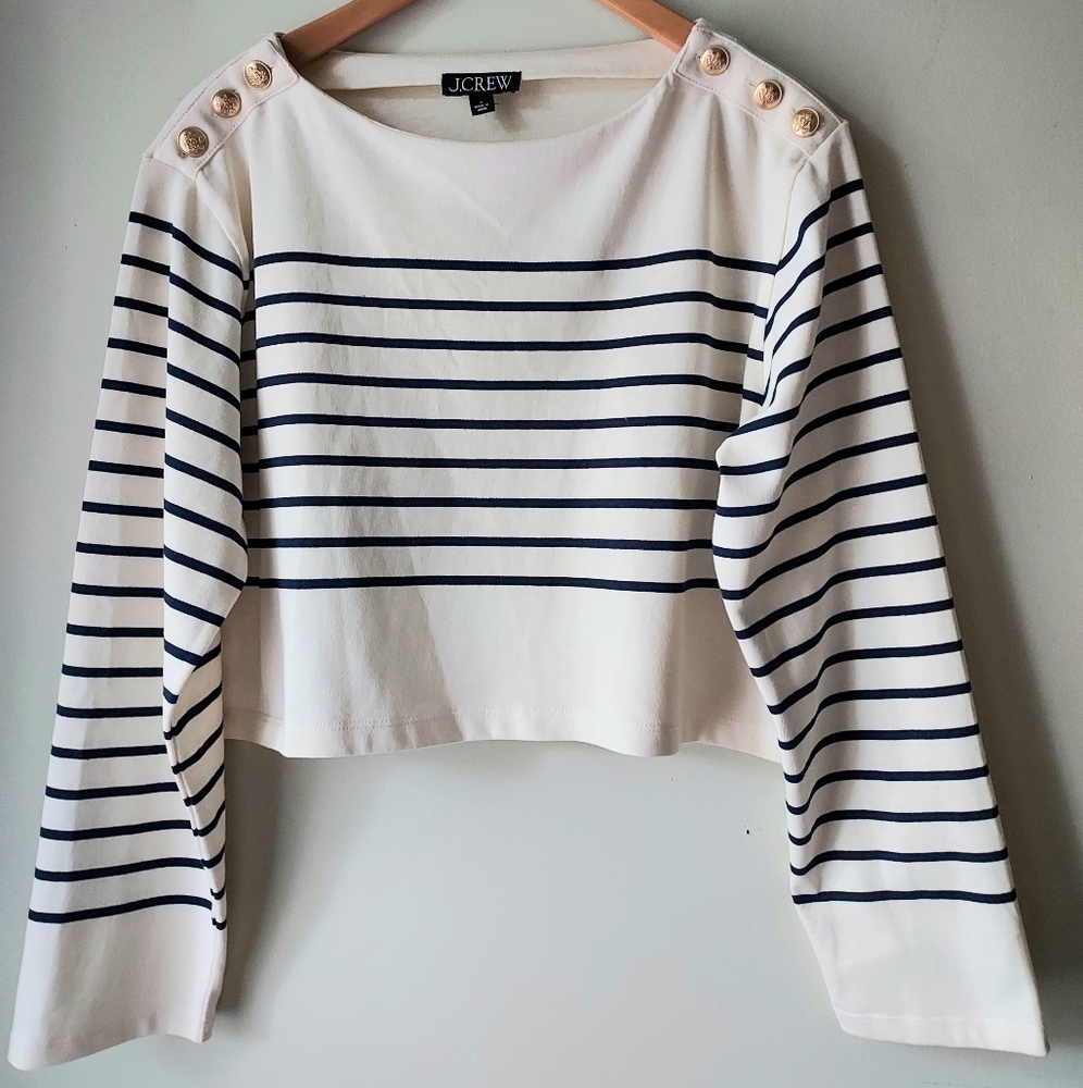 J. Crew Striped Cropped Boatneck Top Size Small Mariner Cotton Button Shirt - Picture 3 of 12